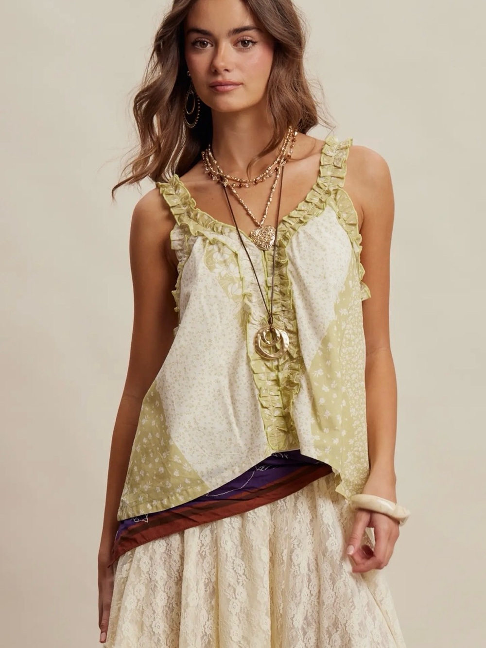 NWT! Listicle Ruffle Trim PatchworkTank in Cream & Light Olive